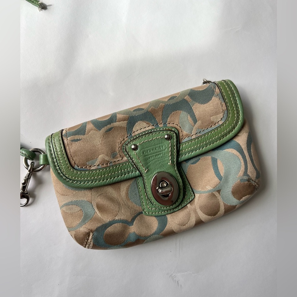 Coach EUC Y2K Legacy Mint Green and Beige Signature Wristlet